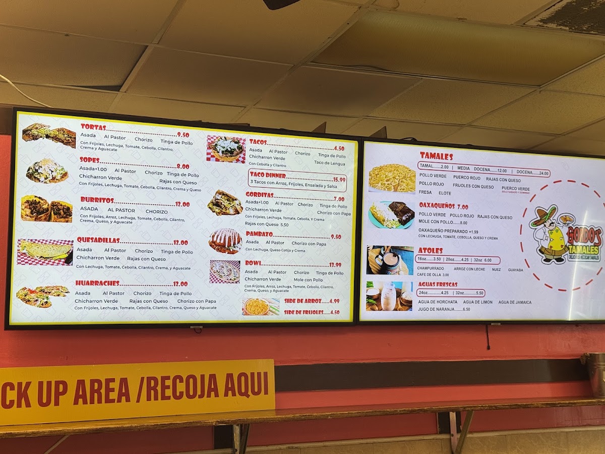 Gordo's Tamales menu board