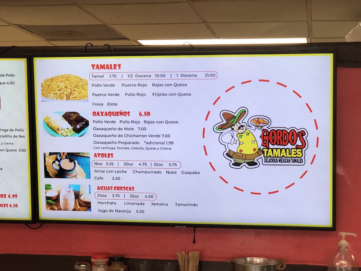 Gordo's Tamales menu board