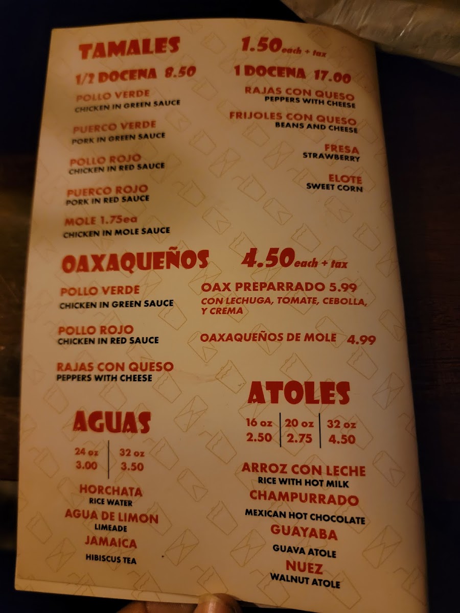Gordo's Tamales menu board