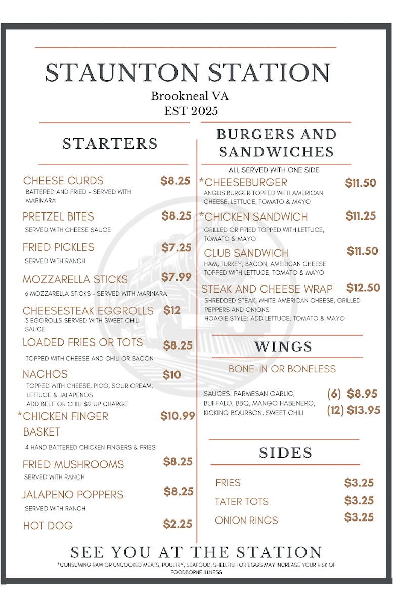Staunton Station menu board