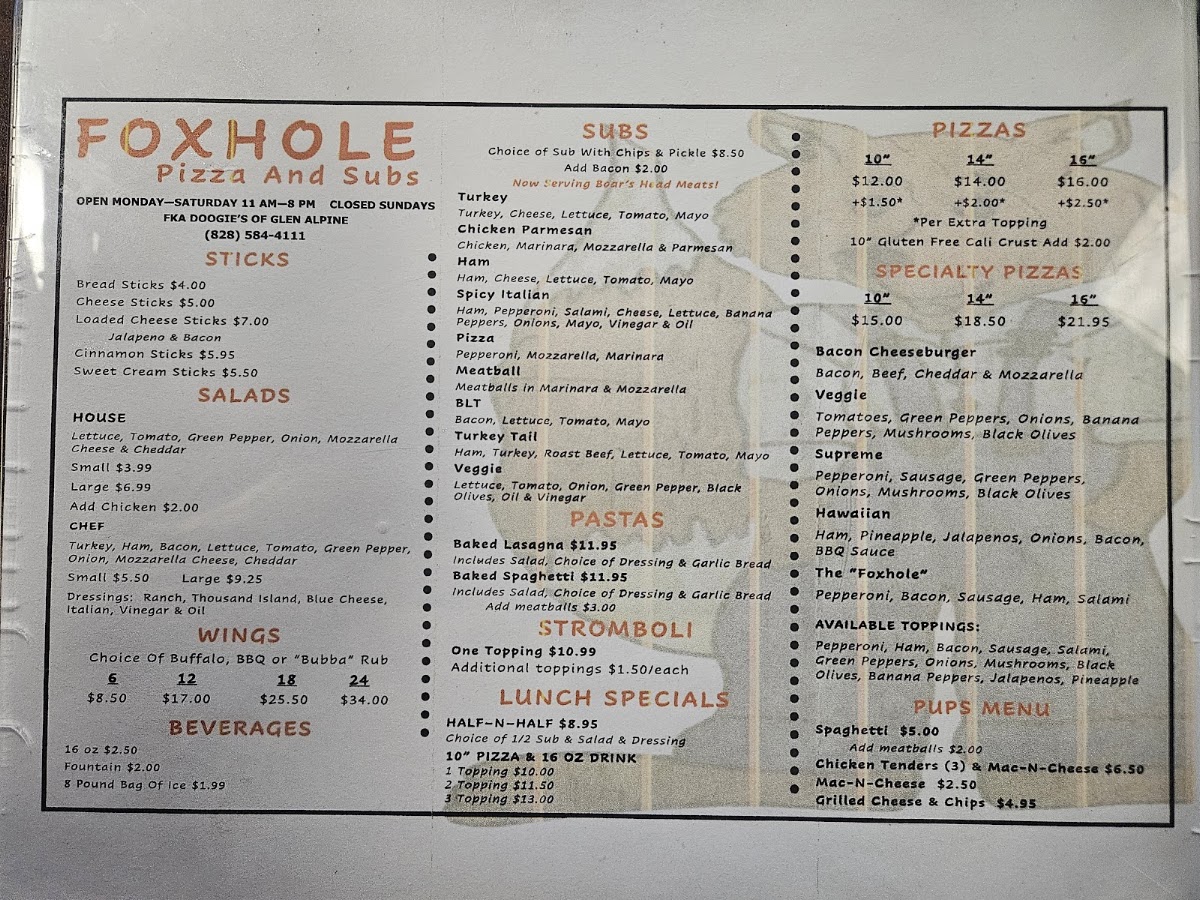 Foxhole Pizza and Subs menu board
