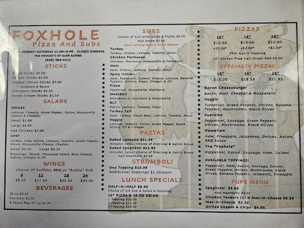 Foxhole Pizza and Subs menu board