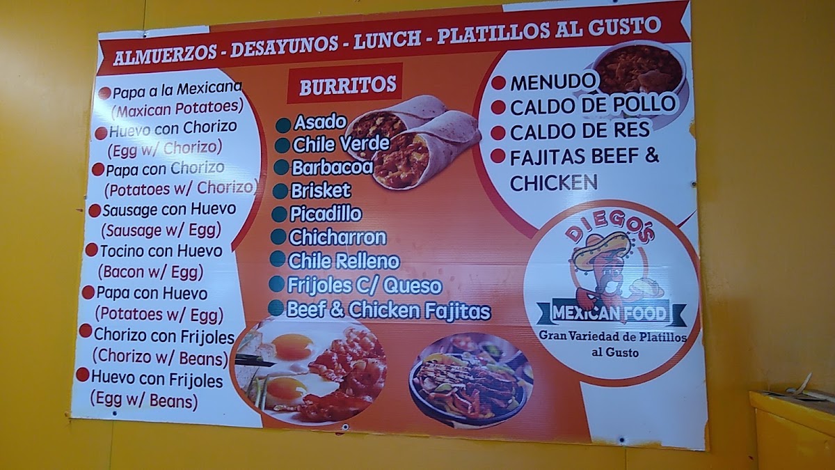 Diego's Mexican Food menu board