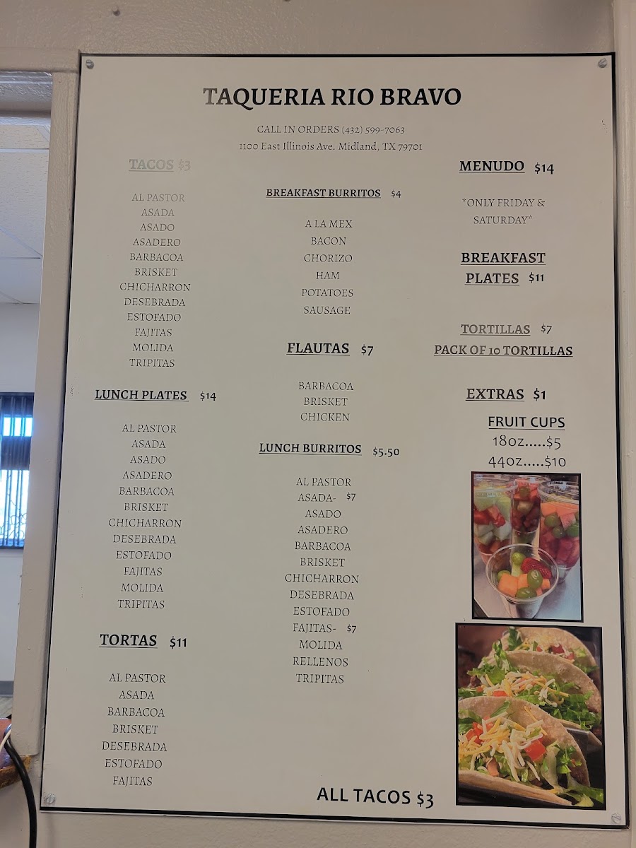 Taqueria Rio Bravo menu board