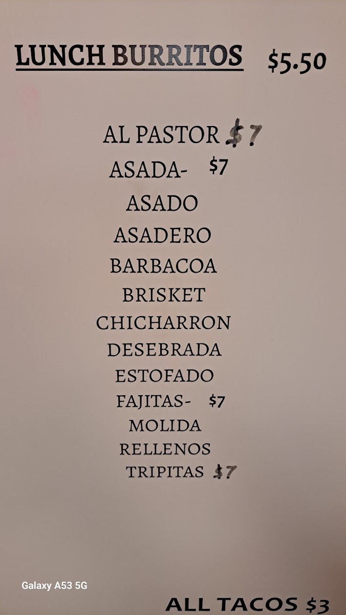 Taqueria Rio Bravo menu board