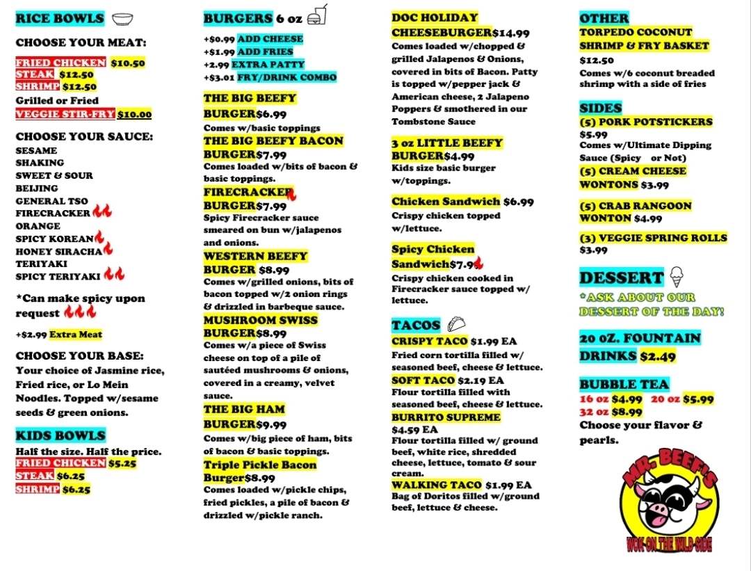 Mr. Beef's Wok On The Wild Side menu board