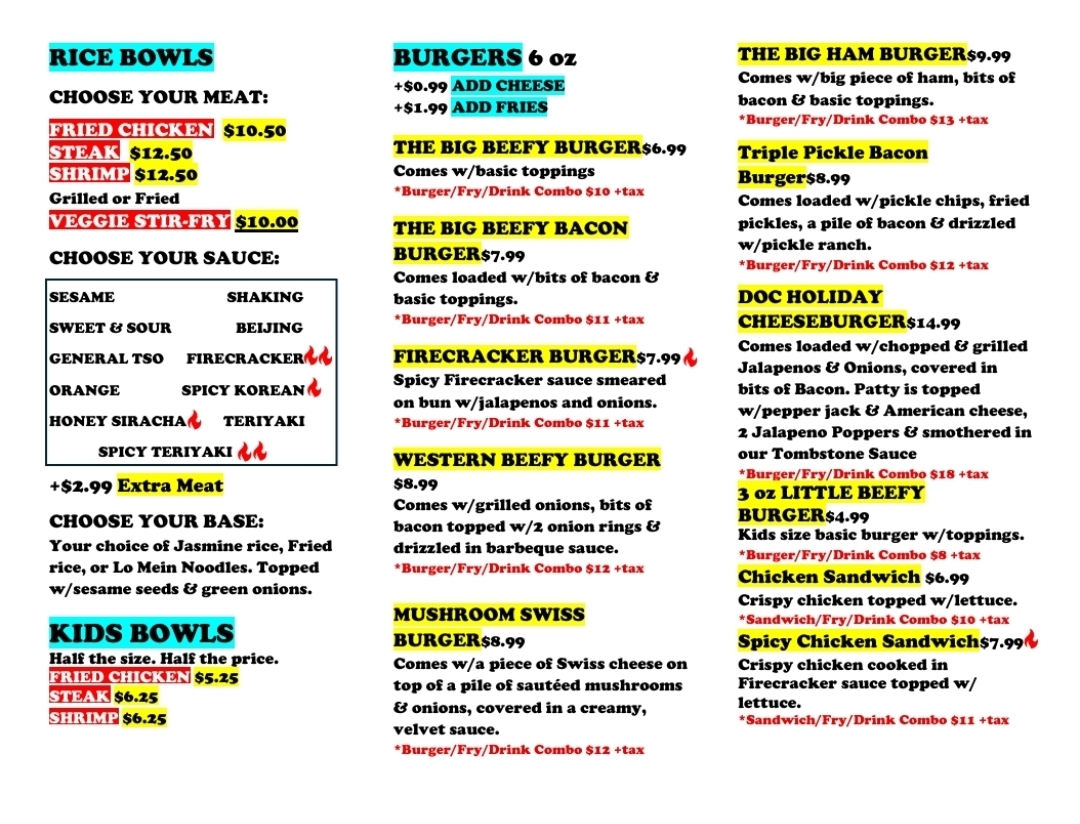 Mr. Beef's Wok On The Wild Side menu board