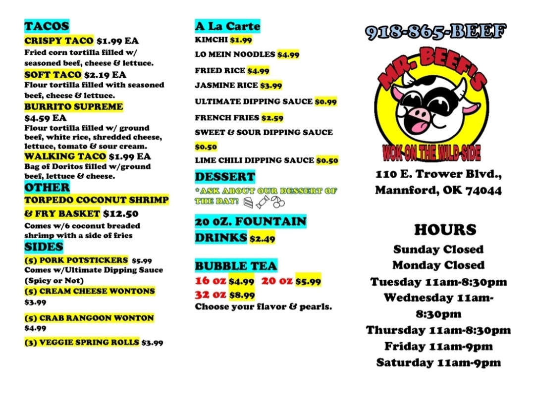 Mr. Beef's Wok On The Wild Side menu board