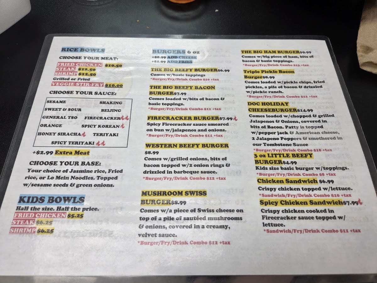 Mr. Beef's Wok On The Wild Side menu board