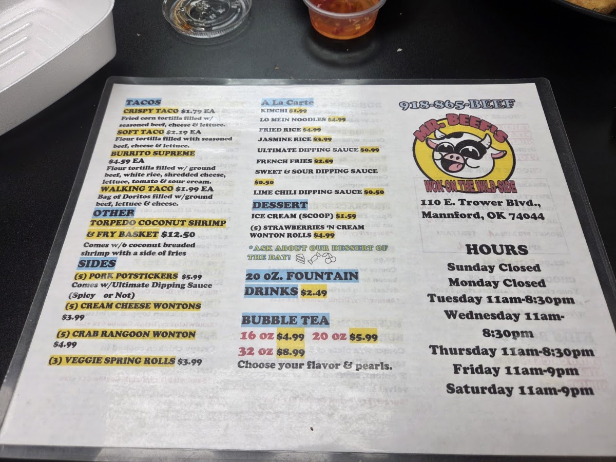 Mr. Beef's Wok On The Wild Side menu board