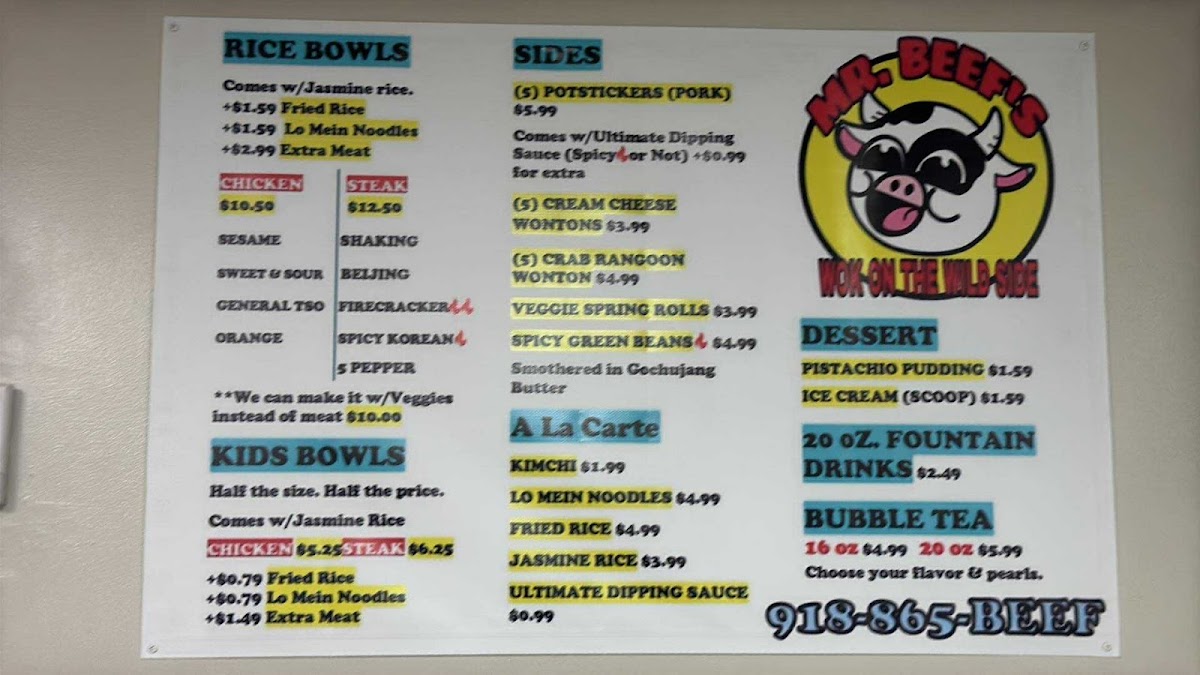Mr. Beef's Wok On The Wild Side menu board