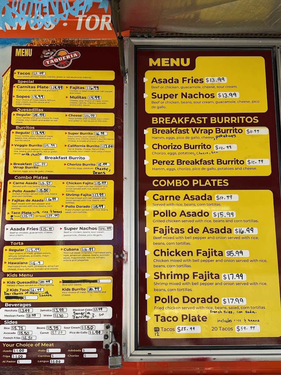Taqueria Perez menu board
