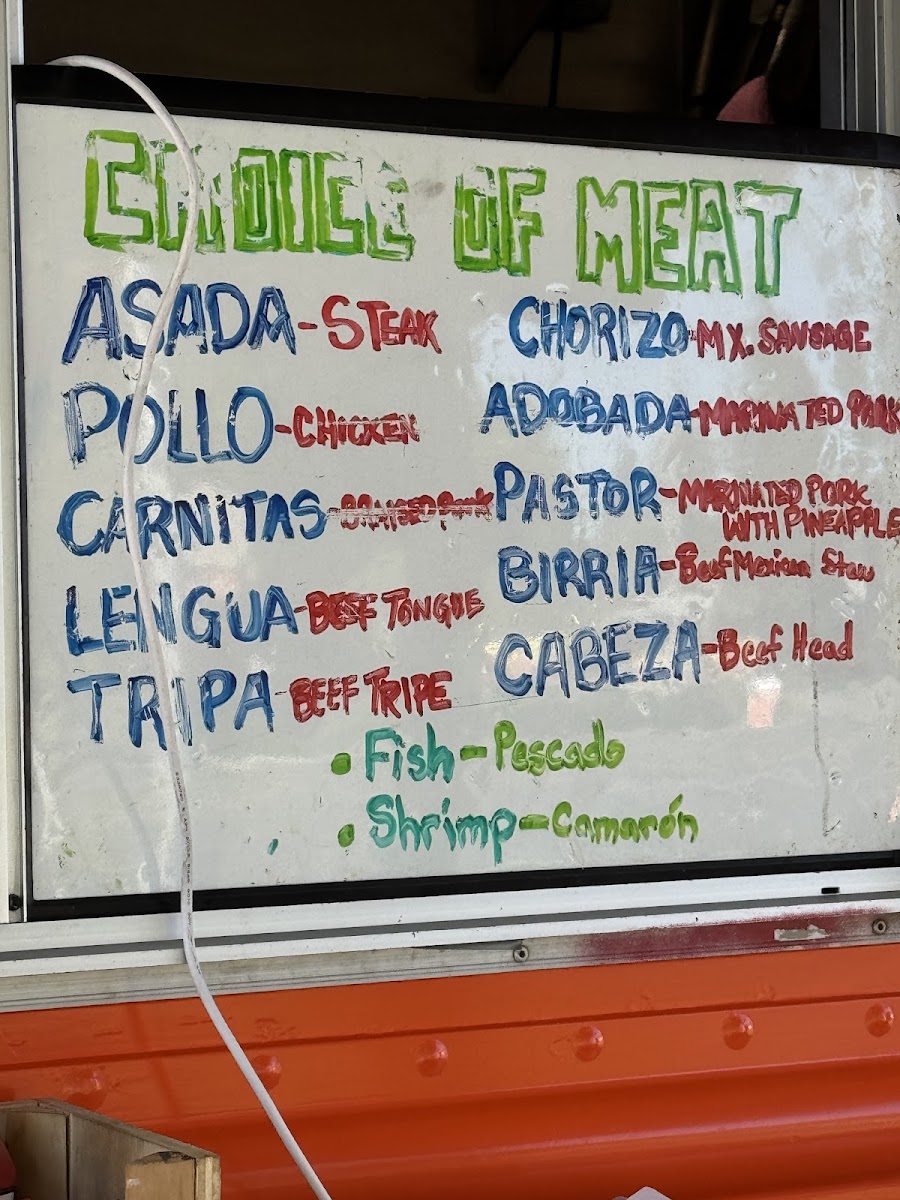 Taqueria Perez menu board