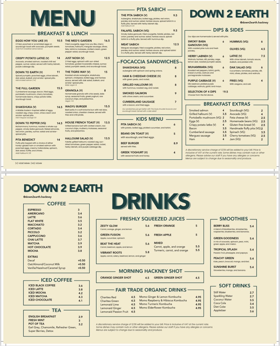 Down to Earth menu board