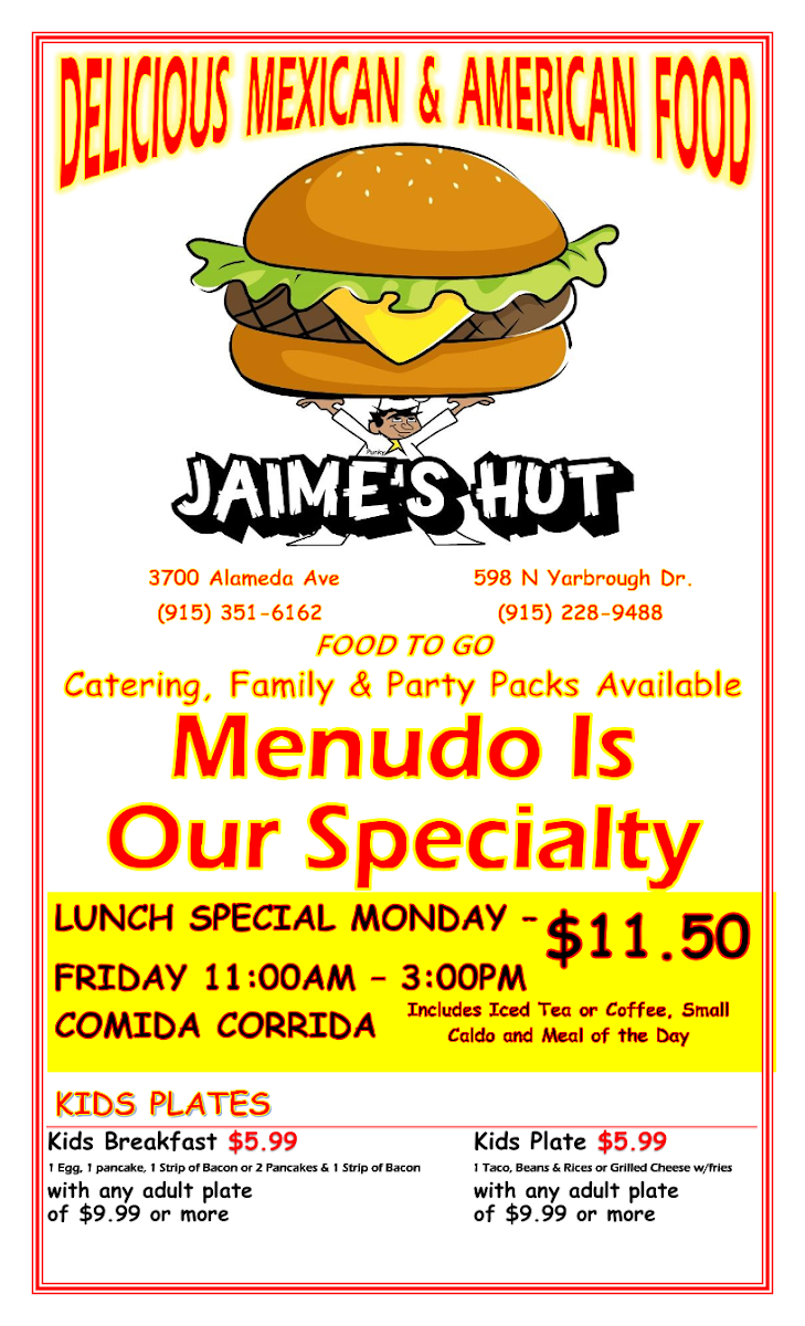 Jaime's Hut menu board