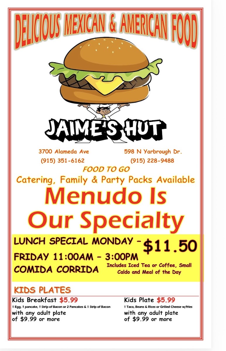 Jaime's Hut menu board