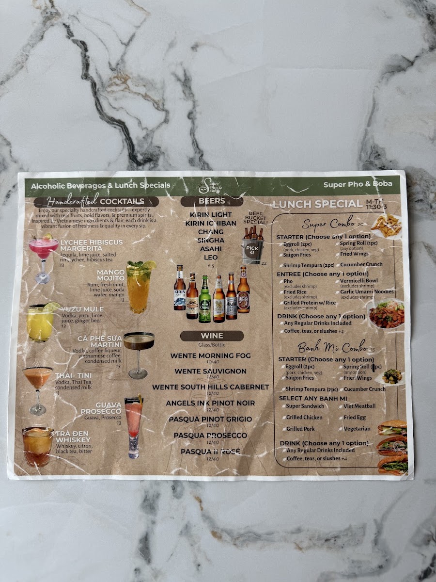Super Pho & Boba menu board