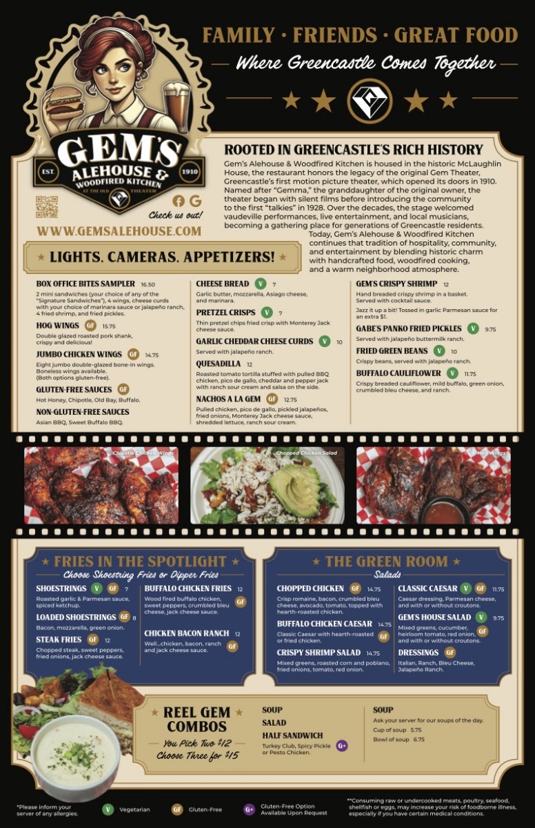 Gem's Alehouse & Woodfired Kitchen menu board