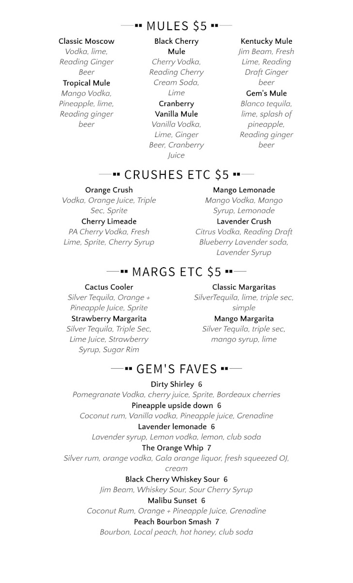 Gem's Alehouse & Woodfired Kitchen menu board