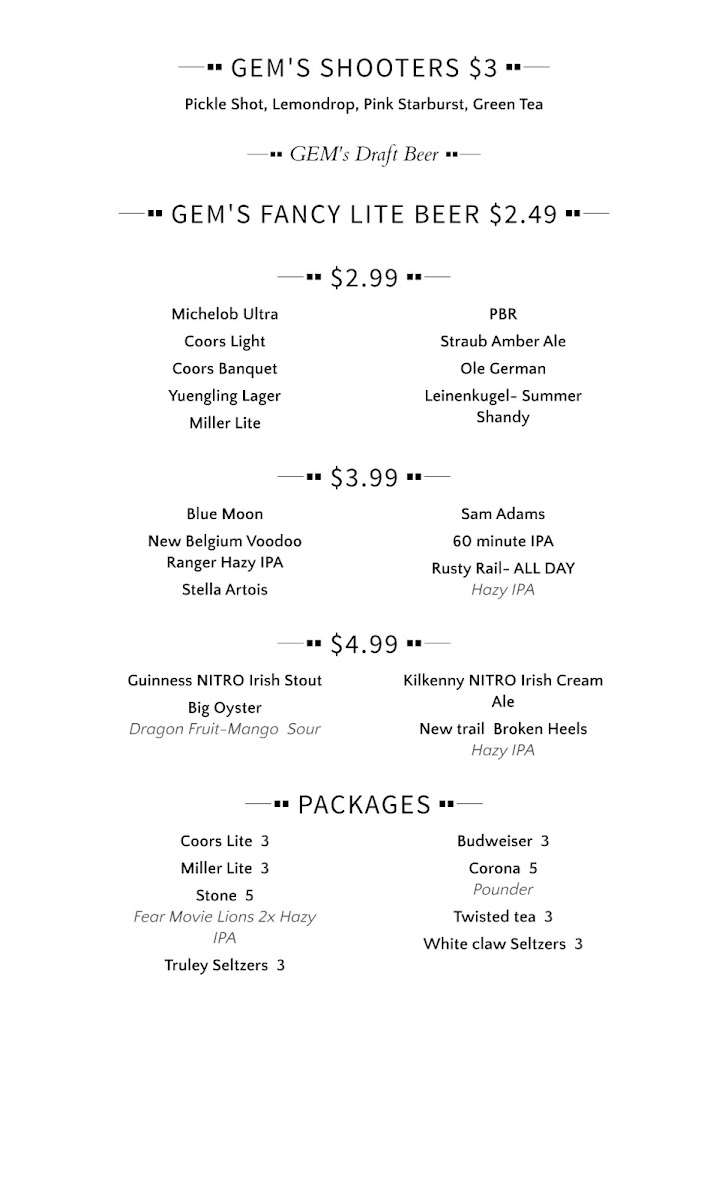 Gem's Alehouse & Woodfired Kitchen menu board
