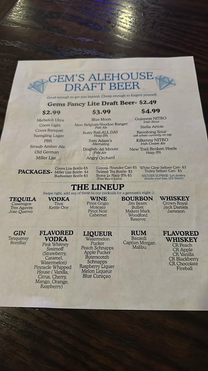 Gem's Alehouse & Woodfired Kitchen menu board