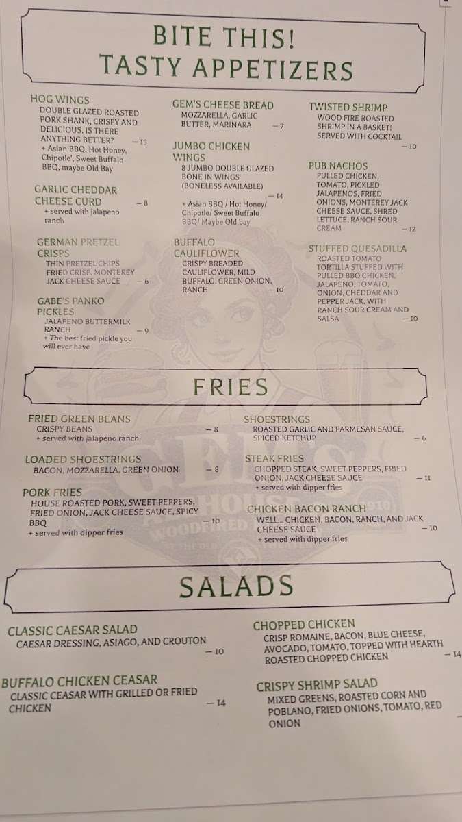 Gem's Alehouse & Woodfired Kitchen menu board