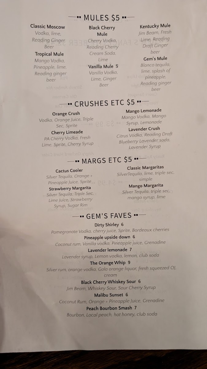 Gem's Alehouse & Woodfired Kitchen menu board