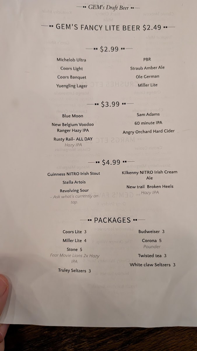 Gem's Alehouse & Woodfired Kitchen menu board