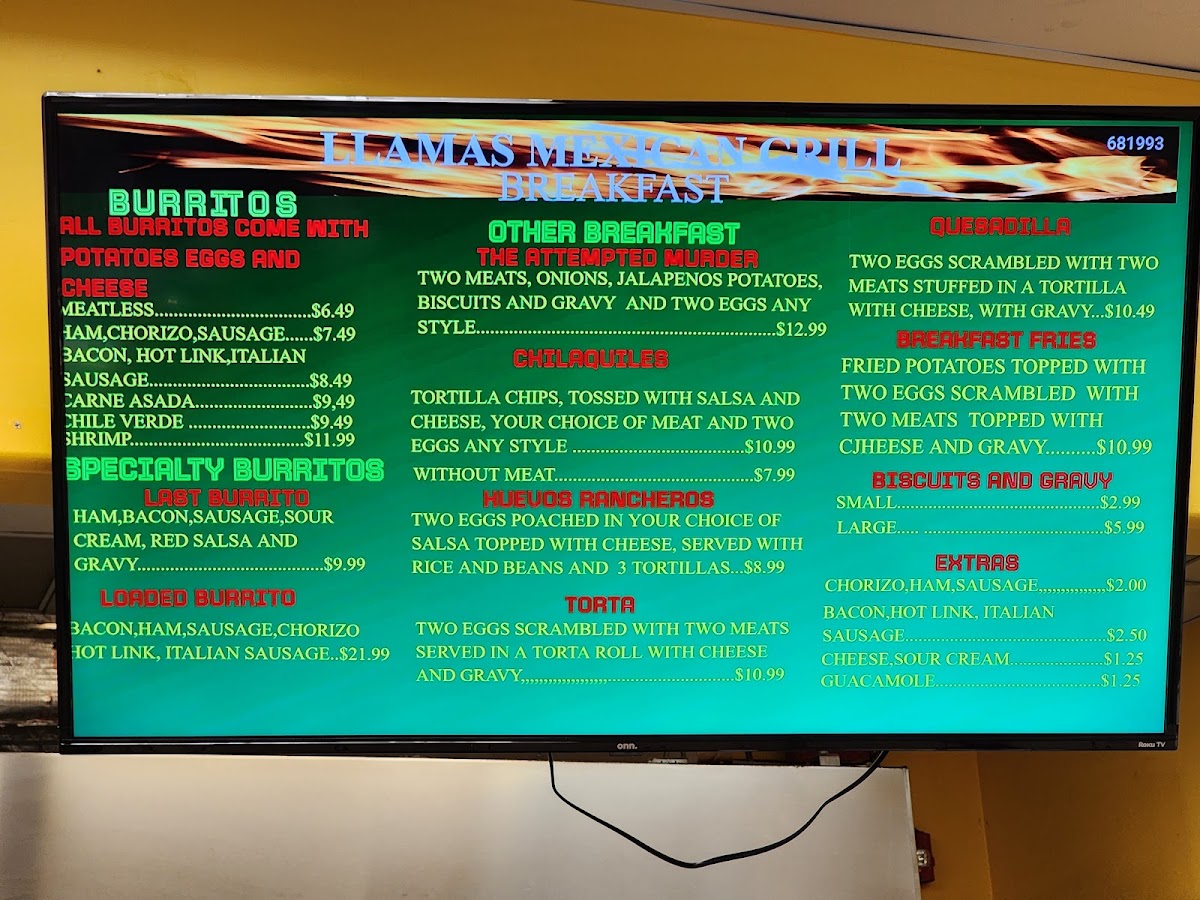 Llamas Mexican Grill menu board