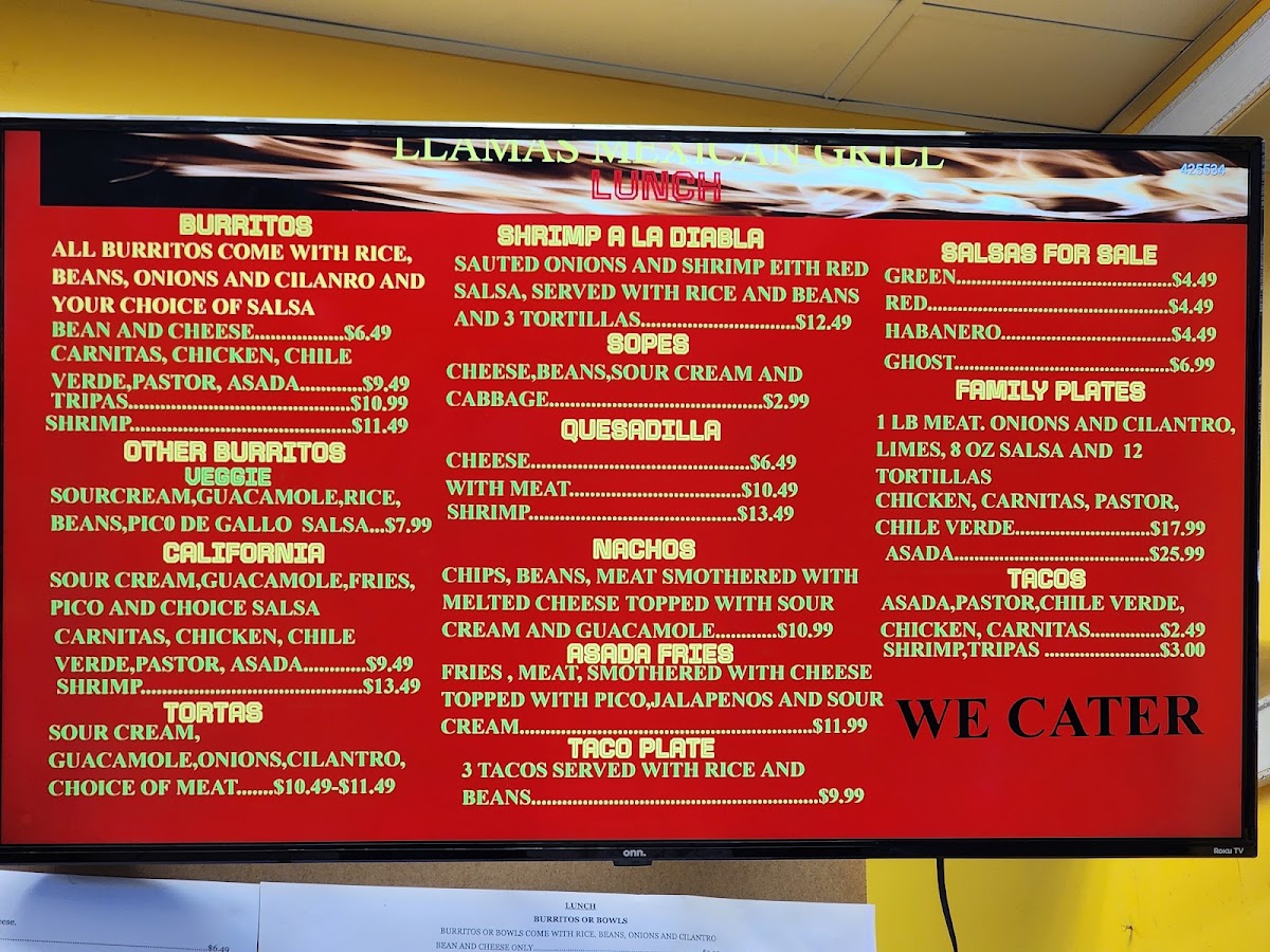 Llamas Mexican Grill menu board