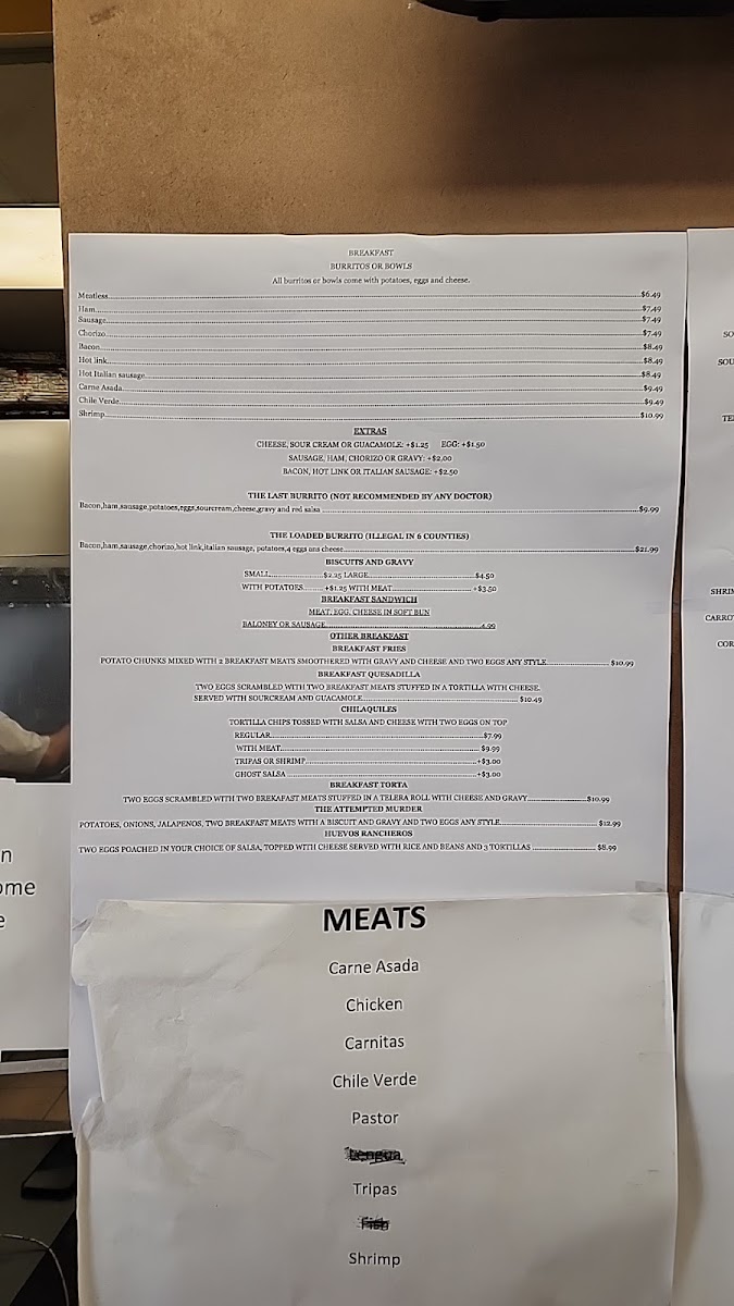 Llamas Mexican Grill menu board