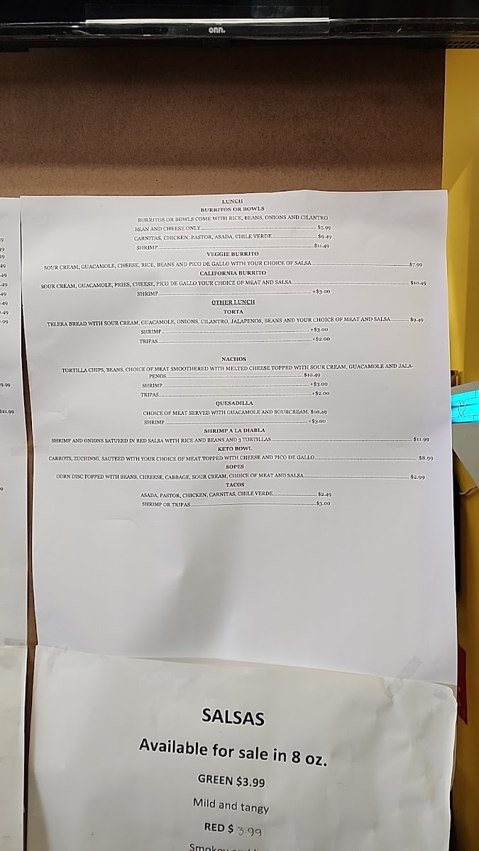 Llamas Mexican Grill menu board