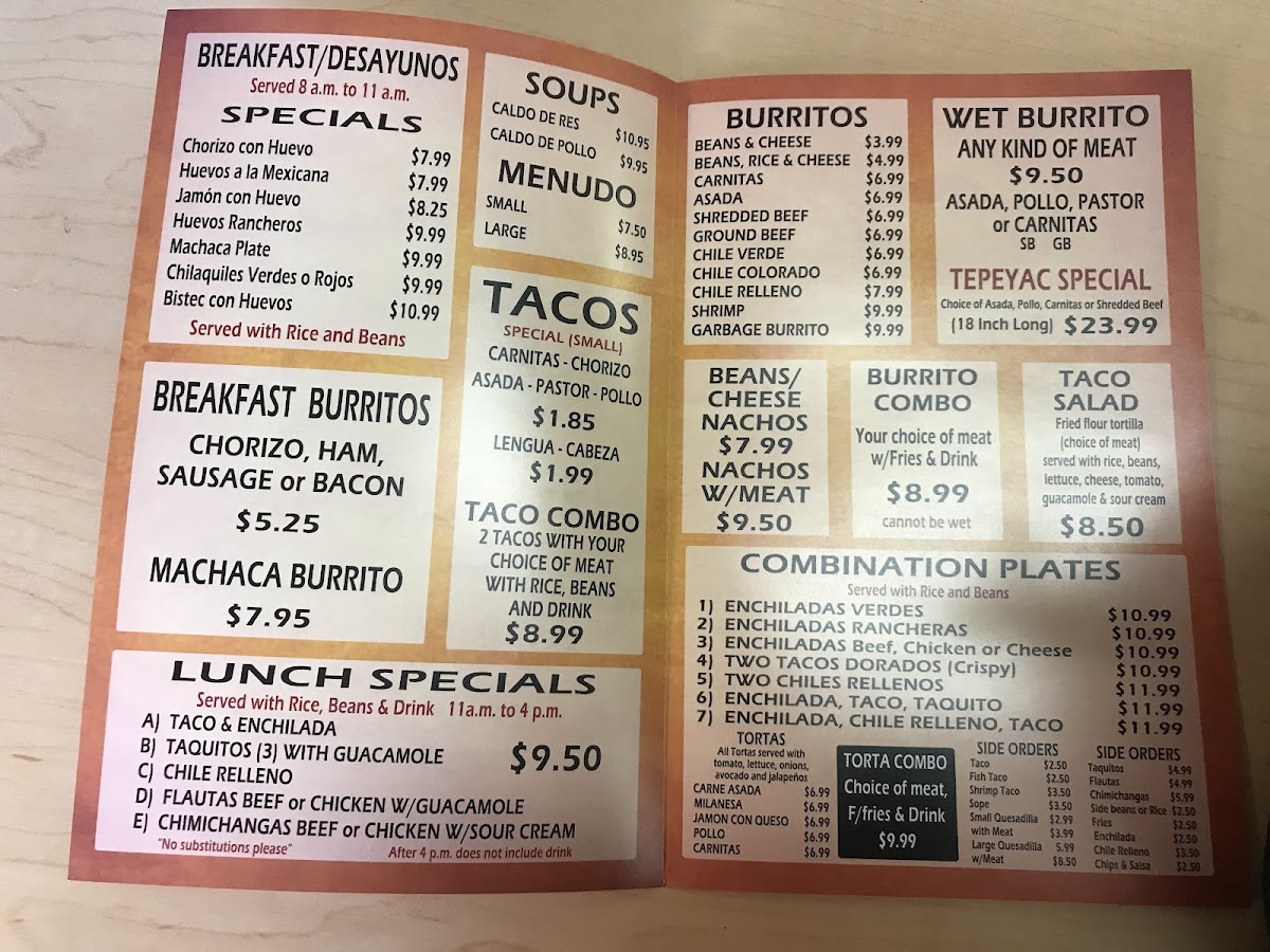 El Tepeyac Restaurant menu board