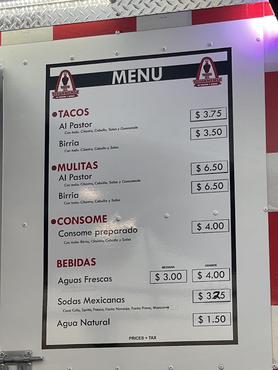 Tacos El Tijuanense menu board