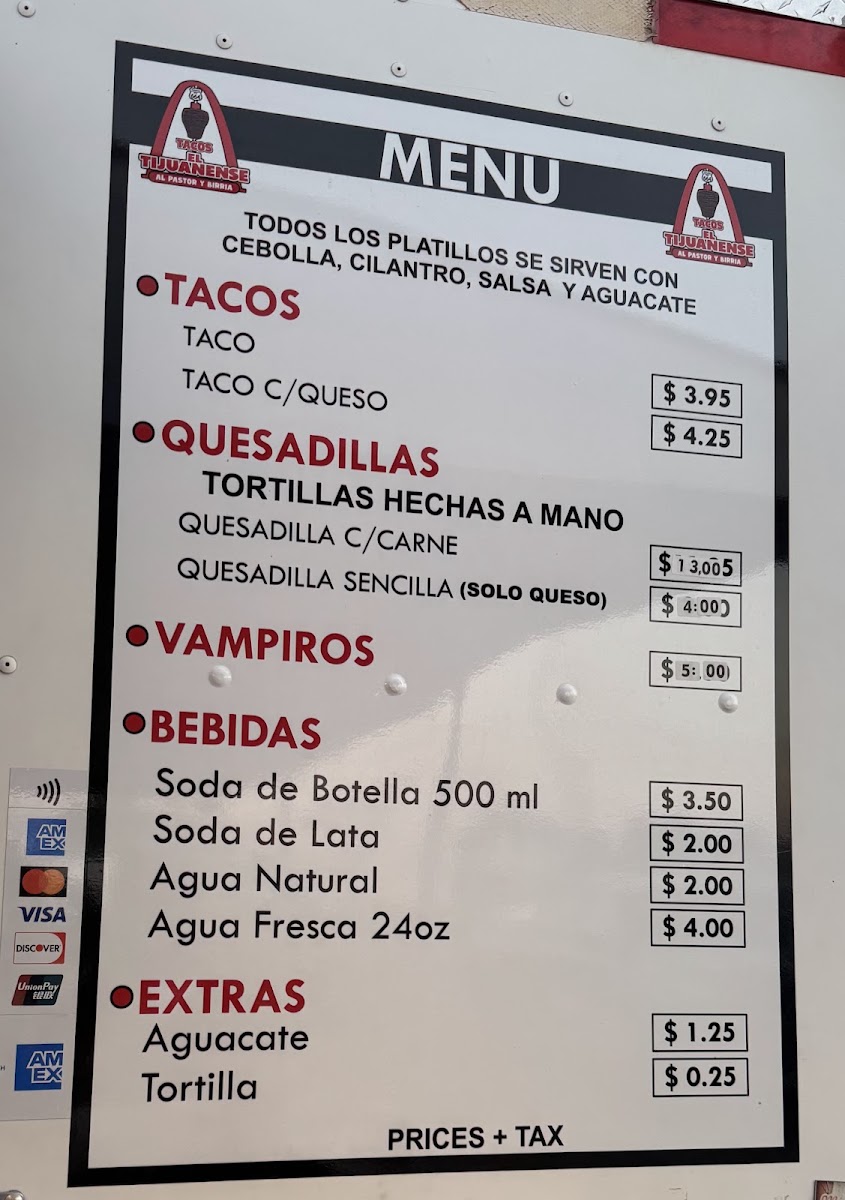 Tacos El Tijuanense menu board