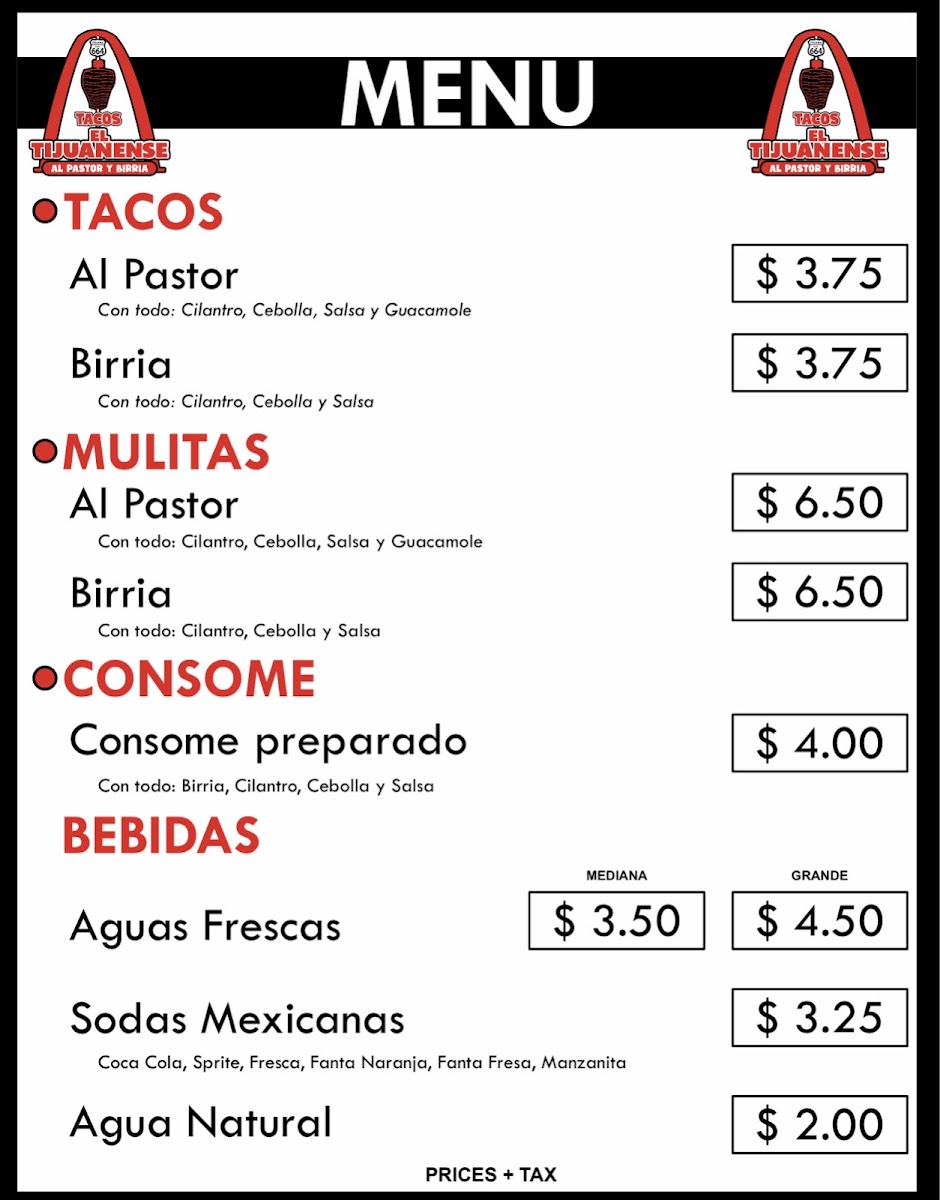 Tacos El Tijuanense menu board