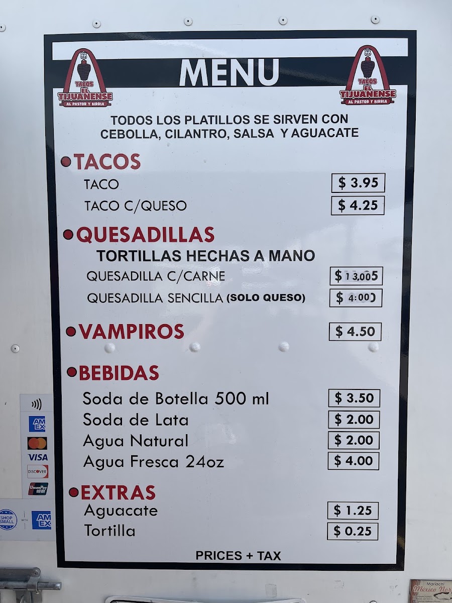 Tacos El Tijuanense menu board