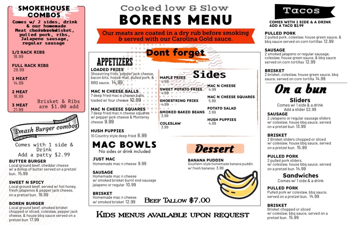 Borens Smokehouse menu board
