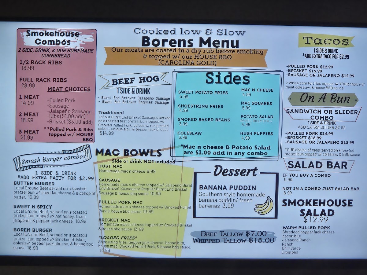 Borens Smokehouse menu board