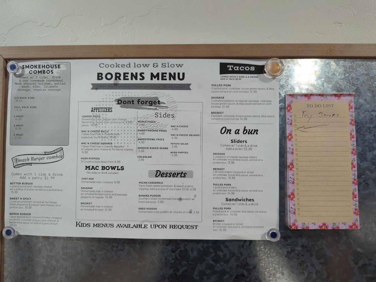 Borens Smokehouse menu board