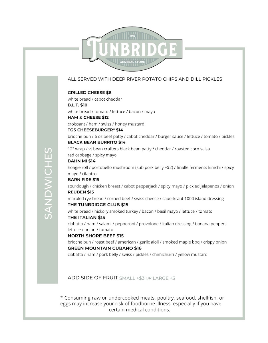 Tunbridge General Store menu board