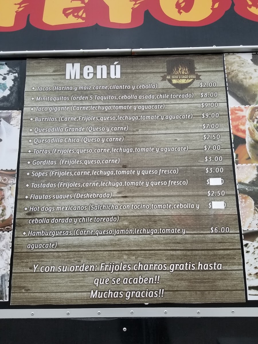 Mr. Yeyo’s Taco Grill (Food Truck) menu board