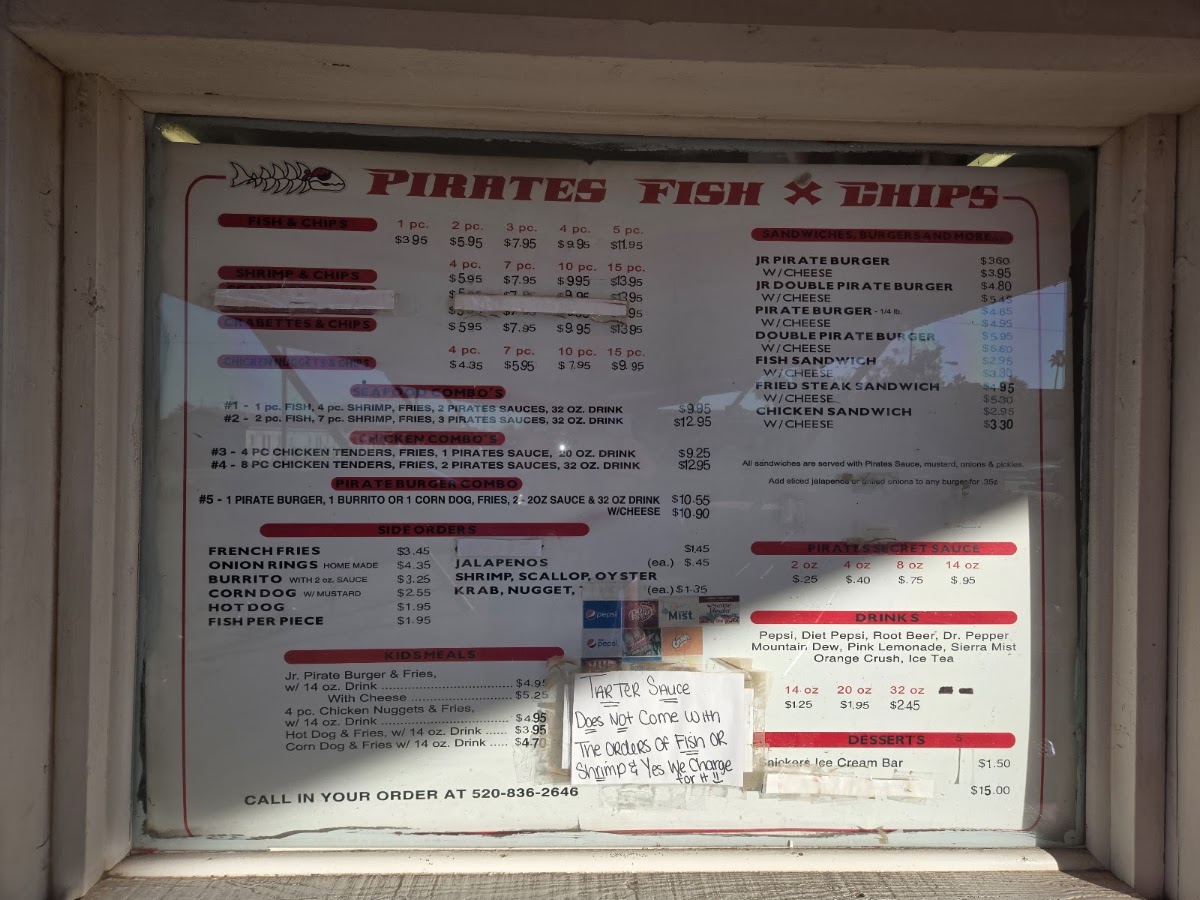 Pirate's Fish & Chips menu board