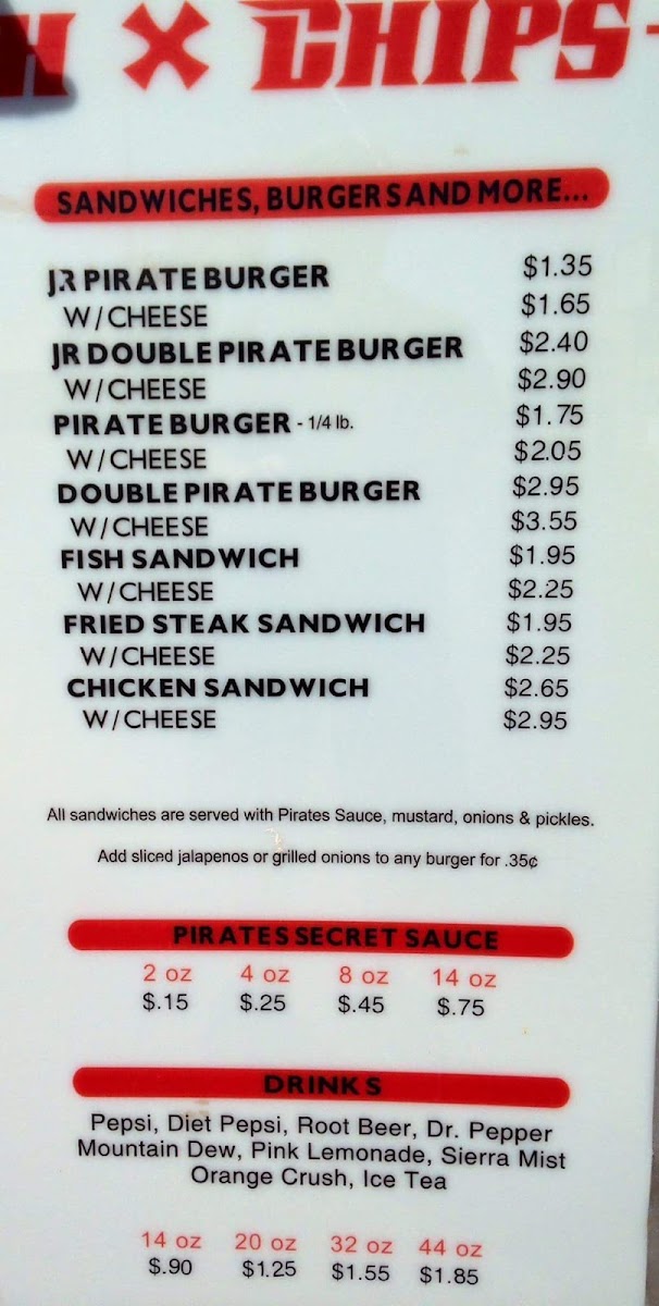 Pirate's Fish & Chips menu board