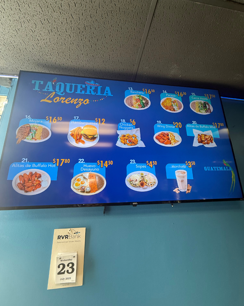 Taqueria Lorenzo inc. menu board