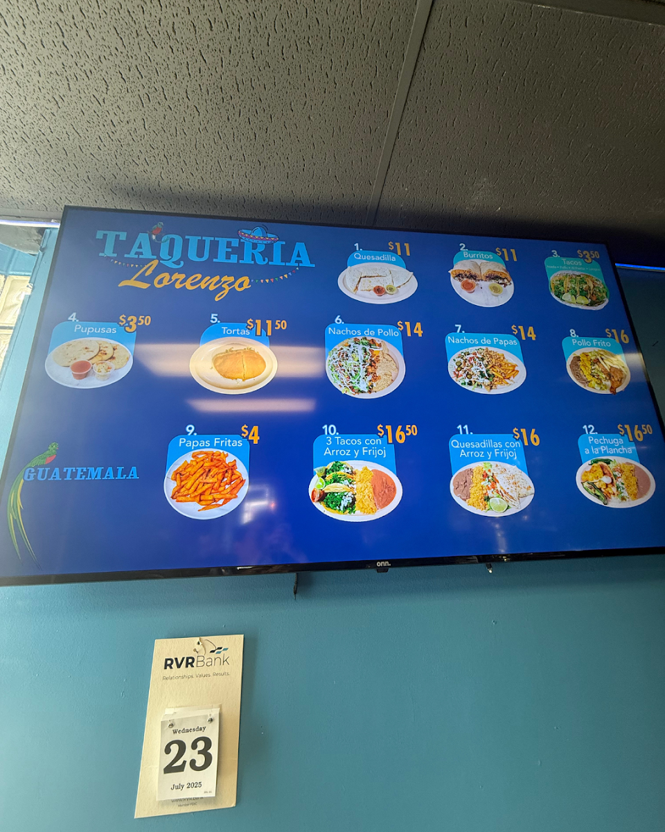 Taqueria Lorenzo inc. menu board