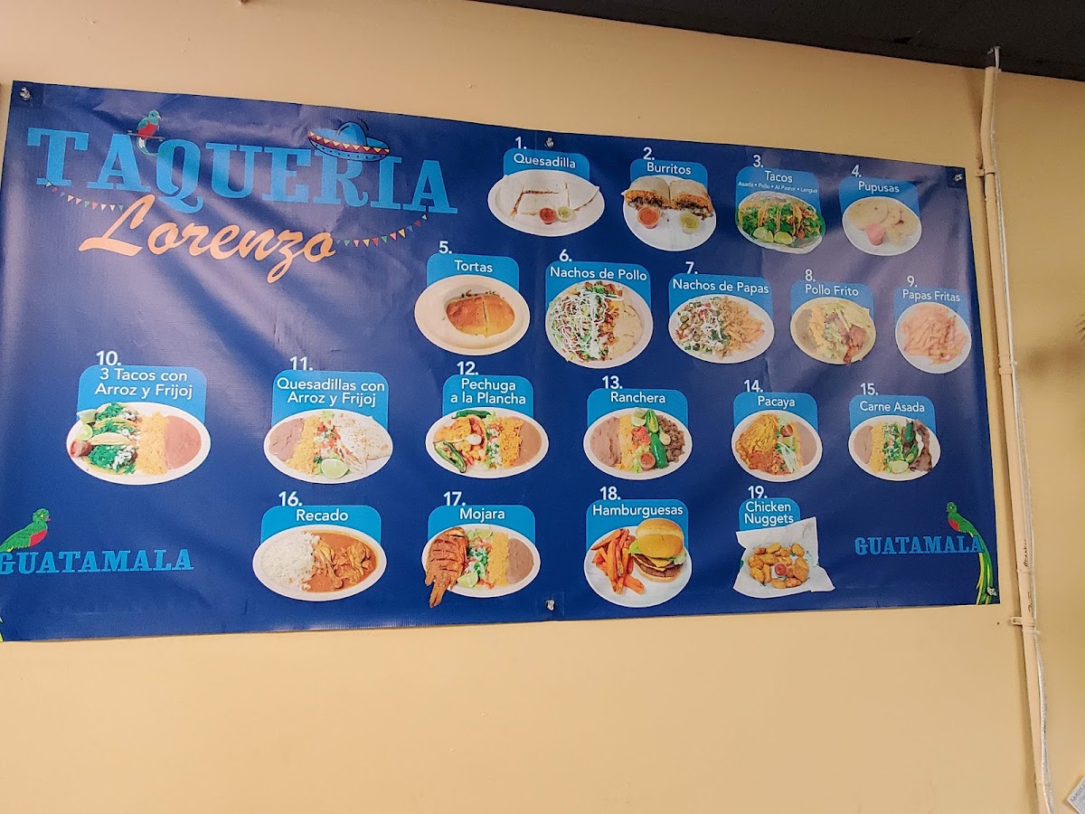 Taqueria Lorenzo inc. menu board