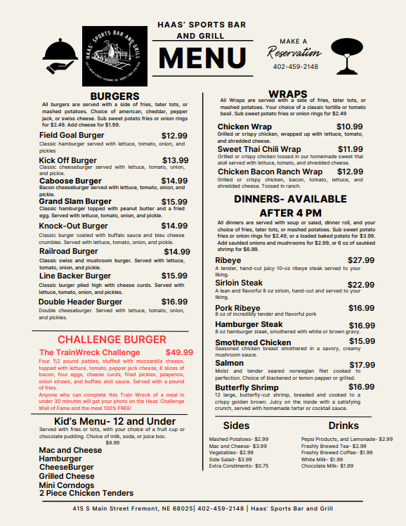 Haas' Sports Bar and Grill menu board