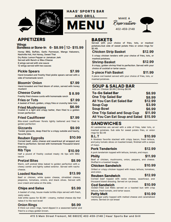 Haas' Sports Bar and Grill menu board