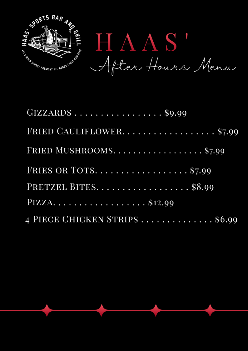 Haas' Sports Bar and Grill menu board